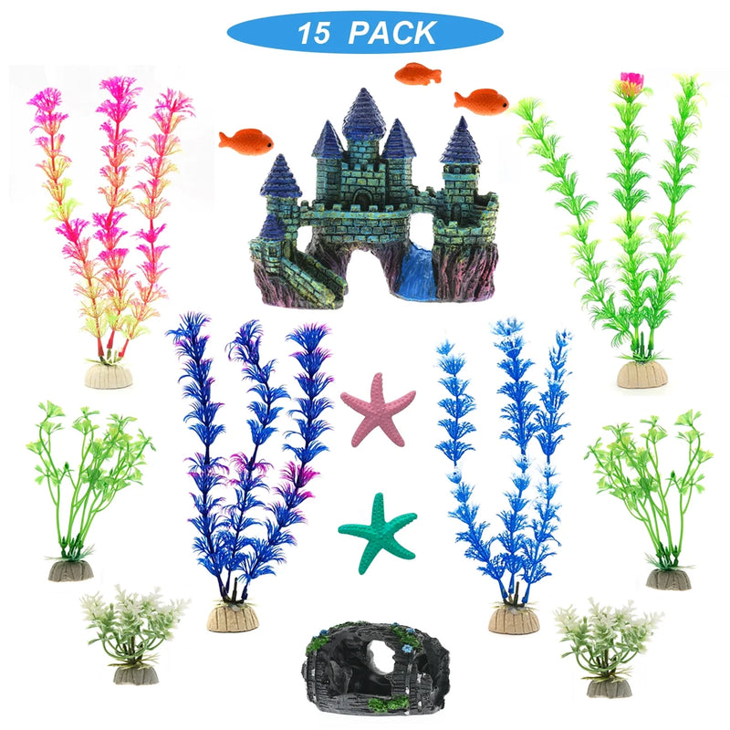 Aquarium Decorations Castle Accessories Plastic Plants - 15 Pack Fish Tank House Hideouts and Cave